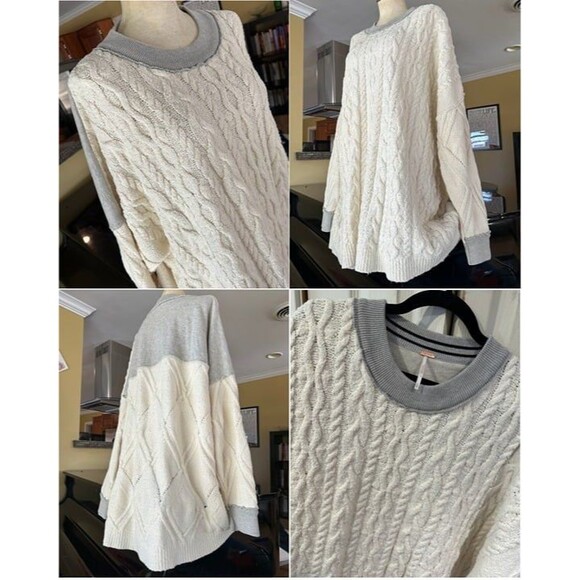 Free People Cream & Gray Mixed Media Olympia Cableknit Sweater Tunic Oversized - Picture 3 of 12